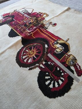 Vintage Cross Stitch Fire Truck Panel Unframed Red Black Gold Detail